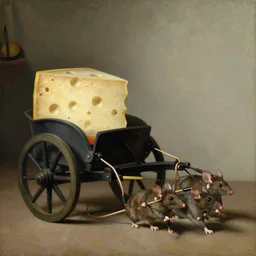 mice pulling a chariot with a big slice of cheese on it, oil painting, painted by vermeer