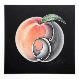 ornately drawn image of a peach on black paper by m c escher and moebius