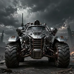 ultra realist 3d soft paint of a gothic four wheel vehicle fully armored, Mad Max and Fallout, symmetry accurate features, very intricate details, ominous sky, volumetric light clouds, post apocalyptic background
