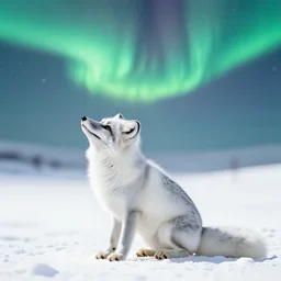 white background, snow blanket, arctic fox sitting down, side view, fully body, fox looking up, fox enjoying the sun, matte painting, aurora borealis, snowstorm