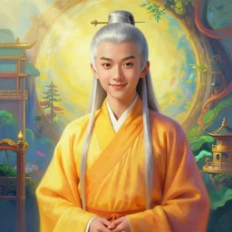 portrait painting of a 6 0 year old kind handsome taoist priest, like runfa zhou, silver ponytail hair, amiable by wenjun lin, irakli nadar, bright colors, octopath traveler, wenjun lin, unreal engine 5 highly rendered, global illumination, radiant light, detailed and intricate environment