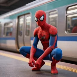 spiderman waiting for a train, 3 d render, unreal engine, octane render, ray tracing, unity, highly detailed, high quality, hd, 4 k, 8 k, realistic, sharp, trending