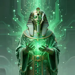 the ethereal god of technology bestows the gift of green circuits to humanity. immaculate matte painting. fantastic. velvet and emerald. high key studio lighting. fractal dreams. ancient egypt, trending on artstation, cgsociety, ps 5, uhd 8 k cryengine