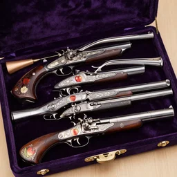 an elegant set of victorian dueling pistols decorated with an apple theme, in a velvet lined case