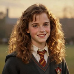 Painting of Emma Watson as Hermione Granger. Smiling. Happy. Cheerful. Art by William Adolphe Bouguereau. During golden hour. Extremely detailed. Beautiful. 4K. Award winning