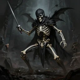 A rogue fencing an evil skeleton. Dark Fantasy. Artstation.