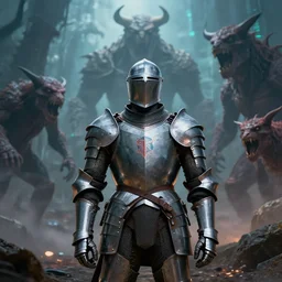 a black male scientist wearing knights armour, fearless, facing monsters of unknown data