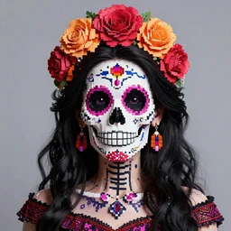 a gorgeous fancy skull lady by dan mumford and gil elvgren, highly detailed, sugar skull, hyperrealism, intricate details, exceptional beauty, fool, pixel art, voxel, attractive, striking, lovely