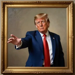 a presidential portrait of donald trump who is reaching his arm out of the painting beyond the frame, surrealistic, supernatural - n 4