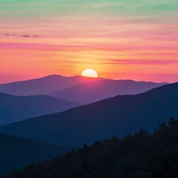 beautiful mountain landscape, vaporwave, sunset