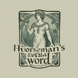 logo for a gin distillery named the horseman's word, art nouveau, muted colors, regal,