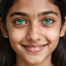 a close up realistic photo of a beautiful indian girl with very large bright green cat eyes smiling with tears on her cheeks