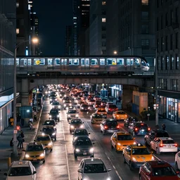busy new york city street full of traffic, futuristic train on bridge over street!!!!, night photo, cinematic lighting, still photo