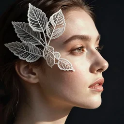 a woman's face in profile, made of intricate decorative lace leaves, in the style of casey weldon