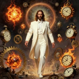 A surreal portrait of a singular cyberpunk Jesus, wearing a white tuxedo, transcending through portals to eternity, surrounded by fiery orbs, gears, and clocks, by Salvador Dali and Greg Rutkowski, trending on artstation