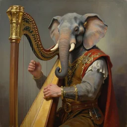 painting of a man with an elephant face wearing bard costume and holding a harp, epic, trending on artstation, masterpiece, cinematic lighting, by ross tran and by greg rutkowski