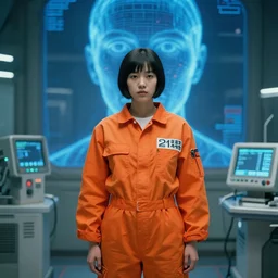 a still from the film bladerunner 2 0 4 9 depicting haruka abe wearing an orange prison jumpsuit. behind her a blue holographic face dominates the background. futuristic medical equipment surrounds haruka abe. sci fi, futuristic,