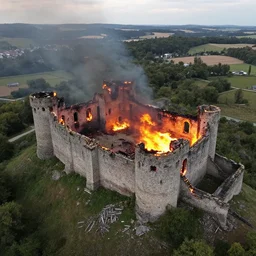 castle in ruins, on fire, under attack, wide angle, aerial view, photograph
