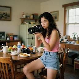 90's Professional Color Photography, Nikon, A girl in the cluttered dining room. Summer