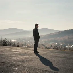 in late afternoon in january in new england, a man stands in the shadow of a maple tree.