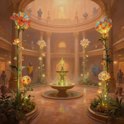 a minimalist bioluminescent oil painting by donato giancola, warm coloured, cinematic scifi luxurious futuristic foggy steam filled victorian garden circular shopping mall courtyard with microscopy stained glass flowers growing out of pretty bulbous ceramic fountains, gigantic pillars and flowers, maschinen krieger, beeple, star trek, star wars, ilm, star citizen, mass effect, artstation, atmospheric perspective