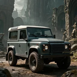 Land Rover Defender 110 (1985), an epic fantasy, dramatic lighting, cinematic, establishing shot, extremely high detail, photorealistic, cinematic lighting, artstation, by simon stalenhag, The Elder Scrolls V: Skyrim, The Reach, Markarth, Ancient Dwemer Ruins