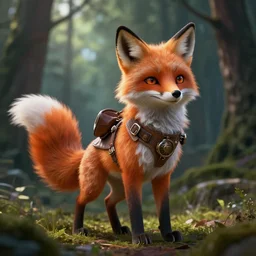 a steampunk anthropomorphic fox with a fluffy tail in a forest backlighting dramatic lighting cgi rendered in unreal engine