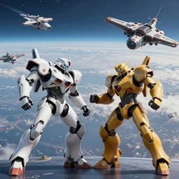 An ultra high-resolution 8K full-canvas scan of 2 warriors fighting in mechsuits on top of a spaceships with the a space battle in the background, fine art, trending, featured, 8k, photorealistic, dynamic, energetic, lively perspective, well-designed masterpiece, hyper detailed, unreal engine 5, IMAX quality, cinematic, epic lighting, light and shadow, ocean caustics, digital painting overlaid with aizome patterns, by Ohara Koson and Thomas Kinkade, traditional Japanese colors, superior quality