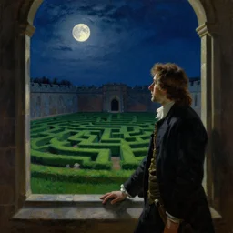 medium shot, cinematic, view from the castle window of the medium height green grass maze, labyrinth, moon light, moonlit, night, by john ward, by levitan, by arthur walker, oil on canvas, acrylic, royal academy, masterpiece, trending on artstation, cinematic composition, dramatic pose, beautiful lighting, sharp, details, hyper - detailed, hd