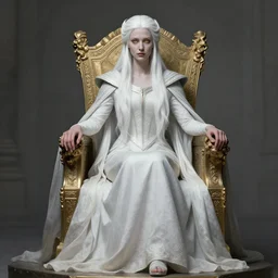 tall elven queen sitting on the throne, full body, long white hair, pale skin, golden eyes | | realistic shaded, fine details, fine - face, realistic shaded lighting poster by greg rutkowski, magali villeneuve, artgerm, jeremy lipkin, michael garmash, rob rey