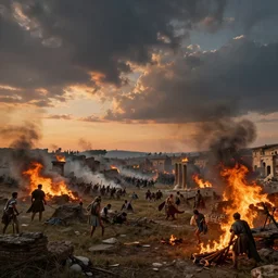 the fall of rome, ancient, war, cinematic, sunset, hyper realistic, multiple subjects, fire, caravaggio painting style, sharp focus, landscape, ruins, dreamy, dystopian, deep colors, ultra detailed, volumetric lighting, hauntingly cloudy sky, very detailed, smoke, distant screams, history, republic, invasion