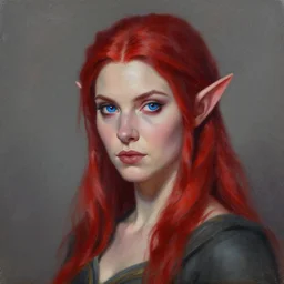 A detailed matte oil on canvas portrait of a elven woman with blue red heterochomia and red hairs by greg rutkowski and Charlie bowater, trending on artstationhd,  dungeons and dragons art