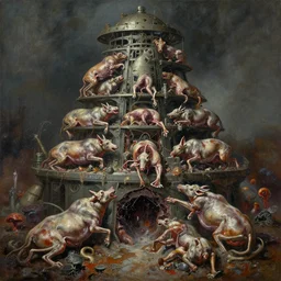 oil paint of flayed animalcules machines in tiers, action crash, battling geocracking, fungal pit, trash patina sheen rotting, by alberto bontempi, alex ross, shigeru komatsuzaki, wayne d barlowe, stefano tamburini, narrative light, muted colors, epic, hyper detailed, awe inspiring, award winning horror, narrative lighting, hyper realism,
