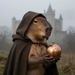 a capybara, wearing a hooded cloak, holding a copper orb, foggy castle, by jan van eyck