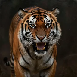 A dark, brooding oil painting of a snarling tiger, establishing shot, high-quality, professional, dramatic lighting, extremely high detail, trending on artstation