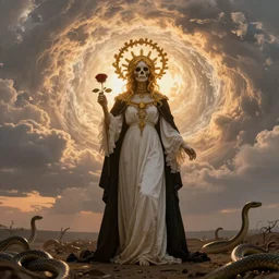 female golden dead saint character in a full body virgin pose wearing white and black victorian robe with an aureola made of golden cactae over the head and holding a rose, with warm backlight.  background: whirlpool of clouds forming an angelic circle. sunset light. beneath there's a barren land with serpents. apocalyptic. low angle. rembrandt style