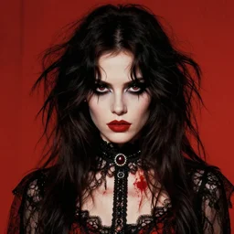 a beautiful but sinister girl who looks like shirley henderson in layers of fear, wearing goth lace, with fierce eyes and wild hair, 1 9 7 0 s, seventies, delicate embellishments, a little blood, crimson, painterly, offset printing technique, by jules bastien - lepage