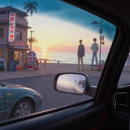 fuji 5 0 r, wide lens ; sunrise, ferrari style car interior with side mirror foggy window view like ; in background a projection of beautiful hyperrealistic film still from ronin ( 1 9 9 0 ) beach promenade scene directed by tati in style of 1 9 9 0 s frontiers in miniature porcelain kintsugu design magazine seinen manga edition, real - life seinen manga porcelain sci - fi font izakaya sign, highly detailed, cinematic lighting, 8 k