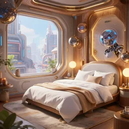 a photo of a white bed in a complex futuristic cozy bedroom from overwatch and oblivion movie, by wlop by jungyeonmin and james jean jhonseru jsezz artstation and greg rutkowski, with some wood and gold details, biomechanical, lens orbs, global illumination, with a window overlooking a cyberpunk metropolis, lounge, architectural, volumetric lighting, granular detail, hypermaximalist, hyperrealist, ( no people in the scene ) micro details, blender, vray