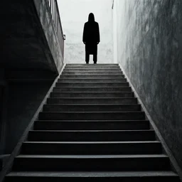 a staircase heading to a black hole, dark scary figure standing at the top of the staircase