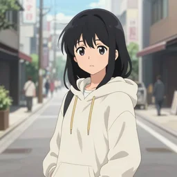 black haired girl wearing hoodie, city street daylight, anime epic artwork, kyoto animation, key visual, 4 k, highly detailed