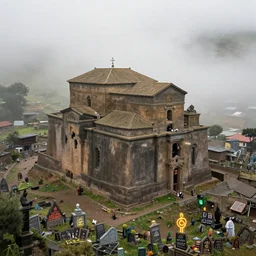 holy city of ethiopian orthodox christians known throughout the world, the monastic city of lalibela in ethiopia, by ghibli and atey ghailan, a neon graveyard, mist, fog