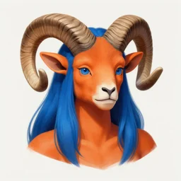 illustrated realistic portrait female ram-horned kobold that has orange skin and blue hair with black evil devil eyes wearing leather armor by rossdraws