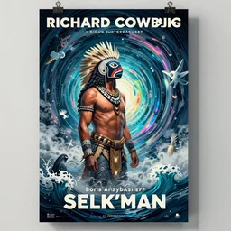 a Deep Poster artwork by Richard Corben, Boris Artzybasheff, Howard Chaykin , of a Selk'nam in a deep conection the soul of the sea, Award winning photo, iridiscense, Houdini algorithmic generative render, Accurate and detailed, sharp focus, octane render 8k , volumetric Fog,
