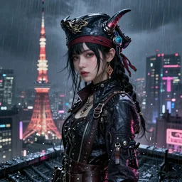 portrait futuristic demonic cyberpunk young female pirate, in futuristic stormy thunder rainning tokyo rooftop cyberpunk night, ssci-fi, fantasy, intricate, very very beautiful, elegant, neon light, highly detailed, digital painting, artstation, concept art, soft light, hdri, smooth, sharp focus, illustration, art by tian zi and craig mullins and WLOP and alphonse mucha
