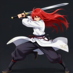 an anime warrior with long red hair quickly swinging her sword in a full arc, dynamic pose, detailed, anime