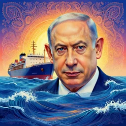 benjamin netanyahu, terrifying psychedelic ⛈ ocean 🌊, giant 🚢 merchant shipyard, paisley pattern sky, backlit, 🌅, refracted lighting, outdoors, paisley pattern, elegant, 8 k resolution, benjamin netanyahu face, intricate and fine details, digital painting, artstation, illustration, psychedelic ocean art, krenz cushart, alphonse mucha