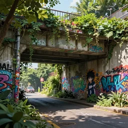 an intricate concept art illustration of an undergrowth underpass street with graffiti, anime style, global illumination, digital art, photorealistic movie still, style ivan talavera and artgerm, hyper realistic, photorealistic, octane render, trending on artstation, cgsociety, cinematic light, 8 k
