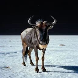 the frozen tundra on an alien planet, daytime with space in the background, a wildebeest staring at the camera, national geographic, canon 5 0 mm, cinematic lighting, photography, retro, film, kodachrome