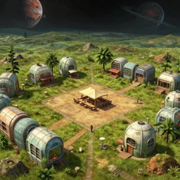a open plaza area with a restaurant, in the middle of a small colony, with buildings made from modular capsules, on an alien grassland, on an alien planet, from a space themed point and click 2 d graphic adventure game, set design inspired by hg giger and ridley scott and tomb raider, art inspired by thomas kinkade